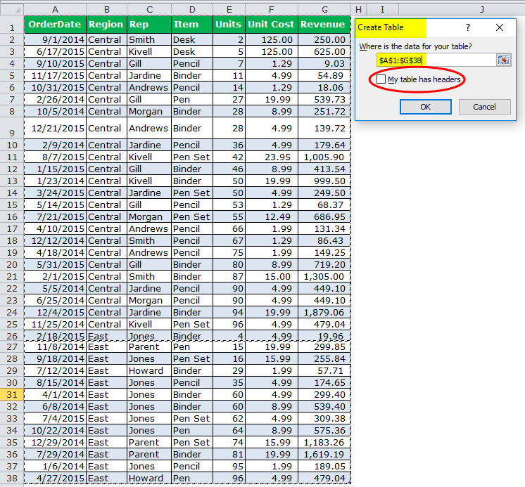 create table - ctrl+T - select table