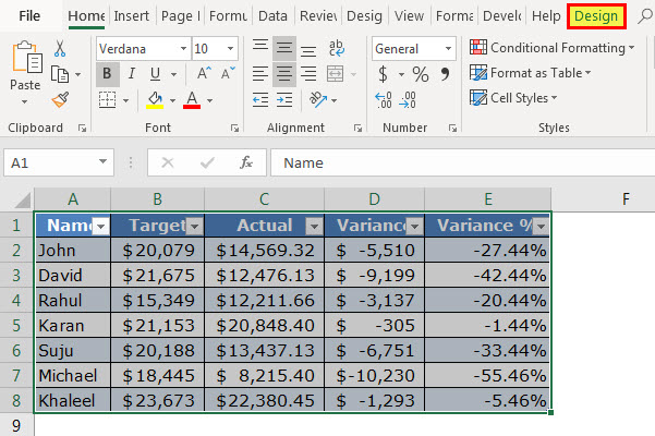 Excel table - Change Name - Step 1