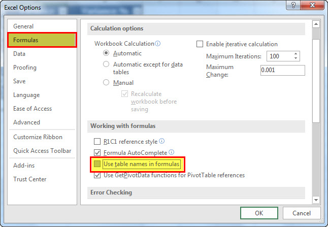 Excel options