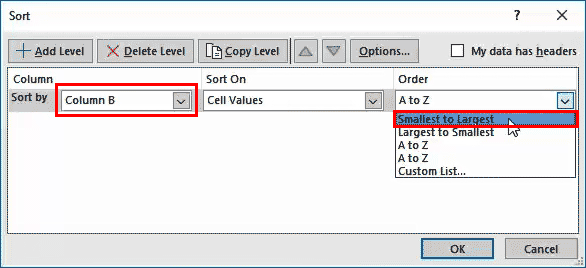 Drop down list - smallest to largest