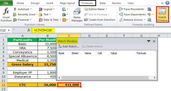 Watch Window in Excel Example 2-1