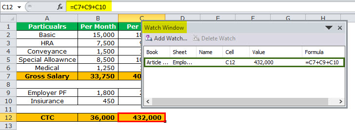 Watch Window in Excel Example 2-2