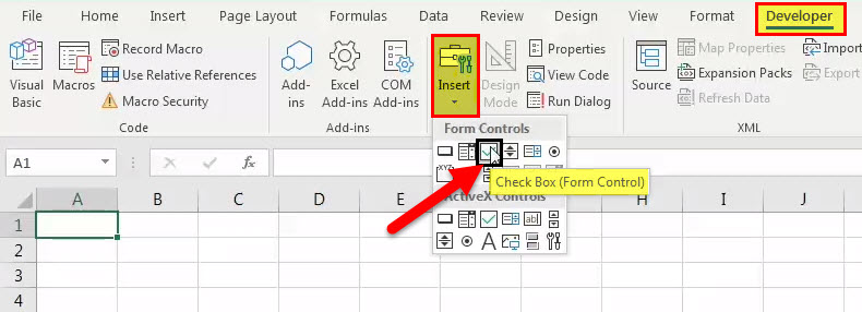 create check box in excel - step 1