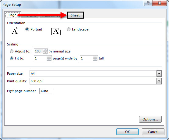page setup - sheet tab