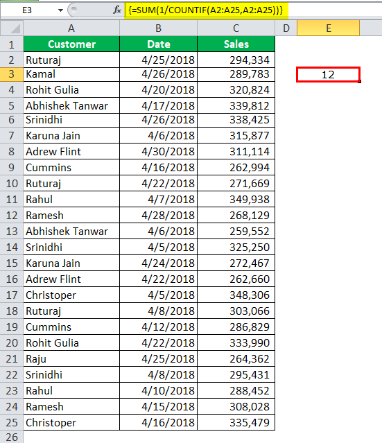 Count Unique Values in Excel Step 2