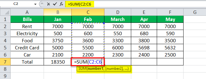 using SUM Equation in Excel Example 1-1