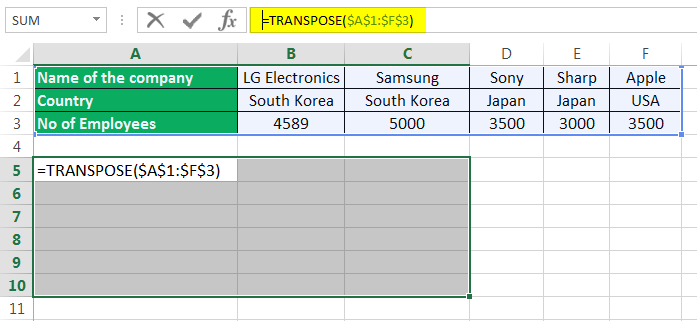 TRANSPOSE Formula Example 2-2