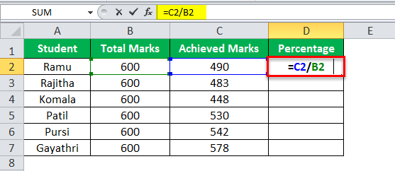 Division Formula in Excel Example 1-1