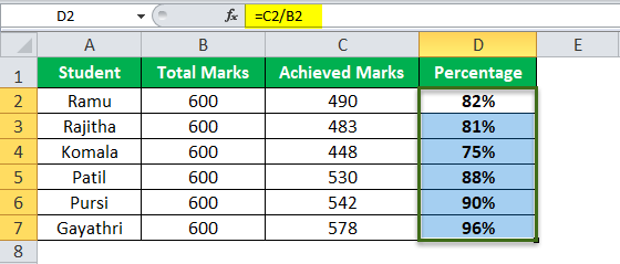 Division Formula in Excel Example 1-2