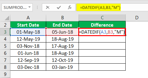 DATEDIF in excel example 3.2