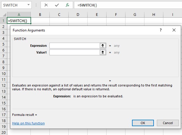 Formulas - Switch function - Function Arguments