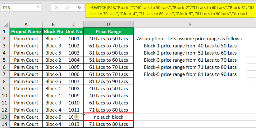 SWITCH Function Example 1-5