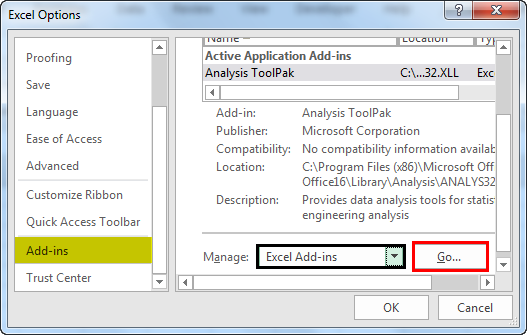 Excel options (Add-ins Window)