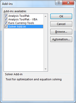 Add-ins Solver addin