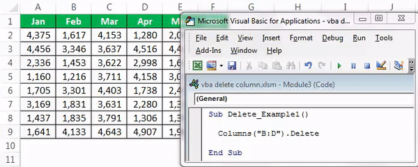 VBA Delete Column Example 1-8