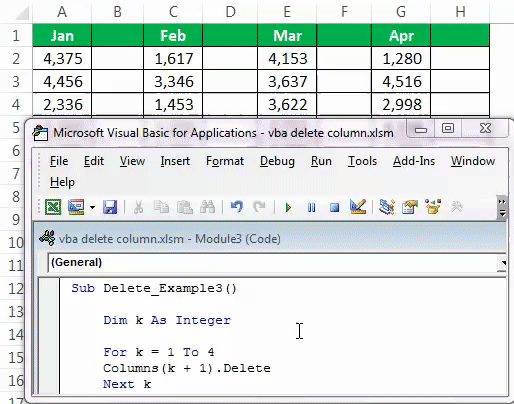 VBA Delete Column Example 3-2