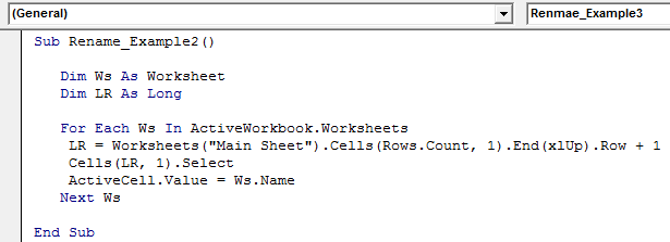 VBA Rename Sheet Example 2