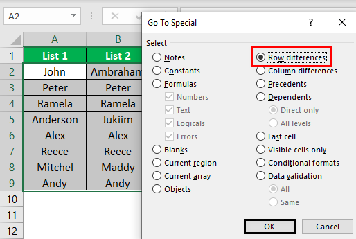 Compare Two Lists in Excel Example 2.3.0