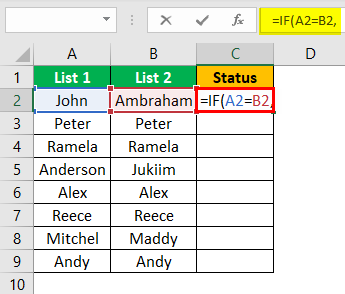 Compare Two Lists in Excel Example 3.1