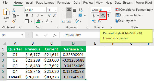 percentage change formula example 1-7