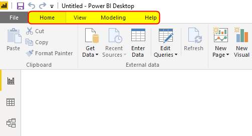 Power Bi Desktop (4 tab home, view, modeling nad help)