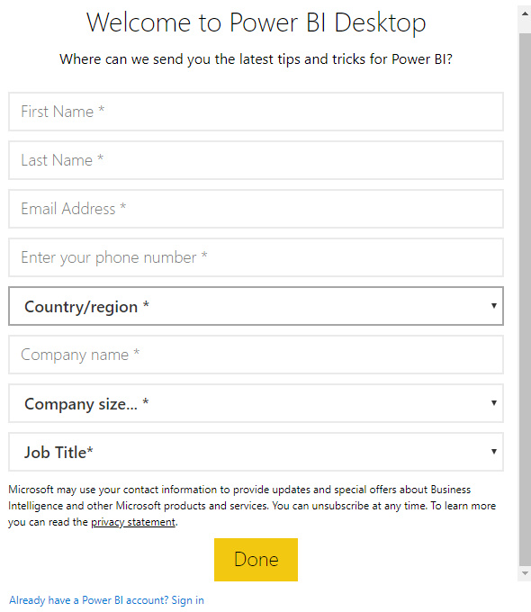 Power BI Welcome Window