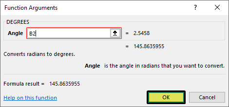 Degrees Function Excel - Example 2-5