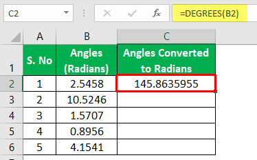 Degrees Function Excel - Example 2-6