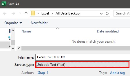 Excel CSV UTF8 Example 1-5