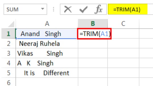 Remove space in Excel - Trim - Step 2