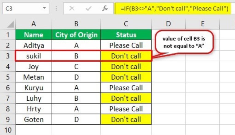 Not Equal to in Excel - Example 3 - Step 2 - dont call