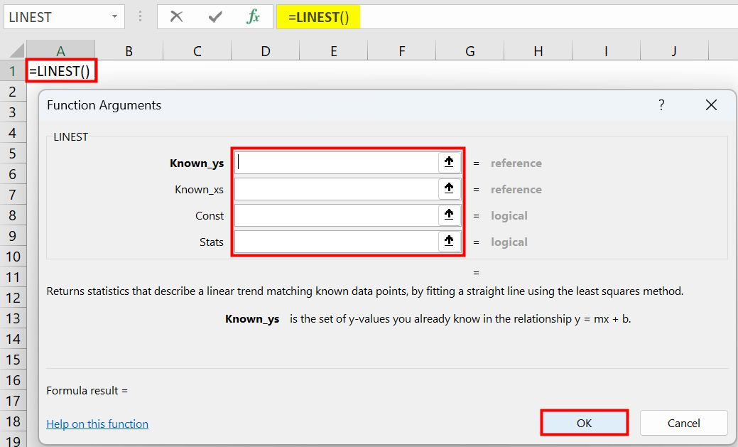 LINEST Excel Function - Function arguments window