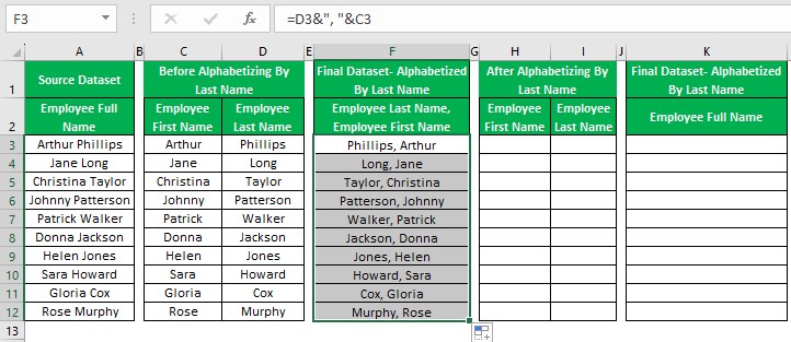 Alphabetize In Excel - Example 1 - Step 3 - Fill Handle