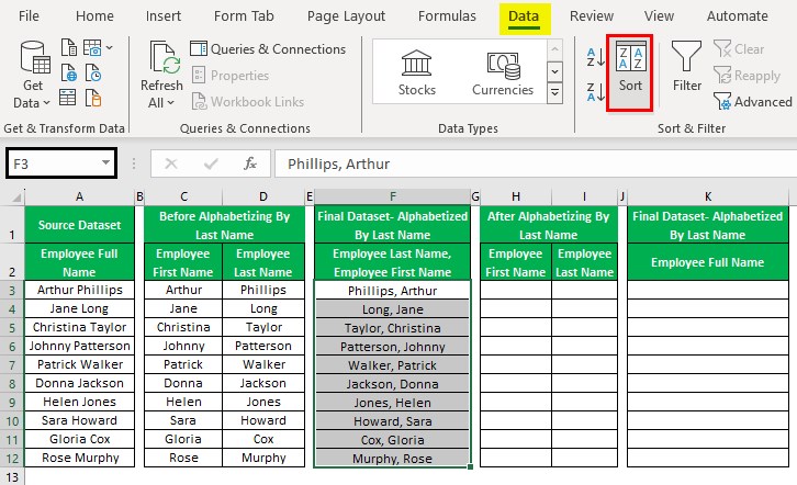 Alphabetize In Excel - Example 1 - Step 6 - updated