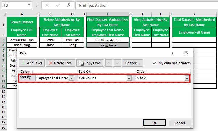 Alphabetize In Excel - Example 1 - Step 6 - sort window - updated