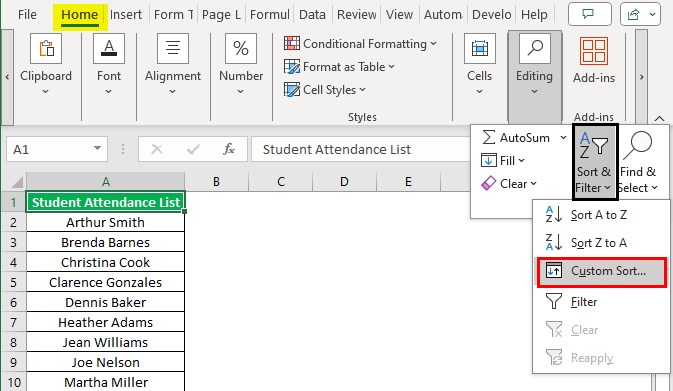 Alphabetize In Excel - Method 1 - home - custom sort