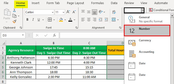 Hour Excel - Example 3 - Step 1