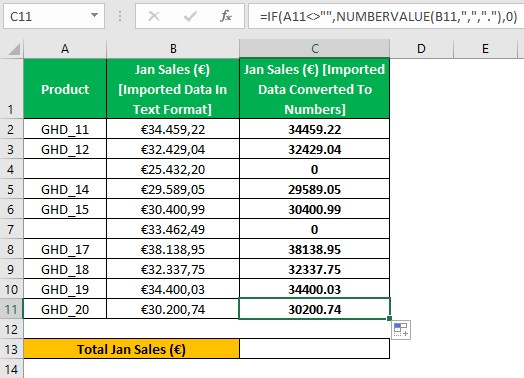 NumberValue Excel - Example 2 - method 2 - Step 1