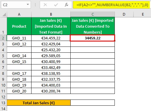 NumberValue Excel - Example 2 - method 2 - Step 1