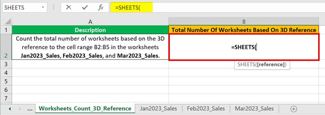 Sheets Function in Excel - Example 2 - Step 1