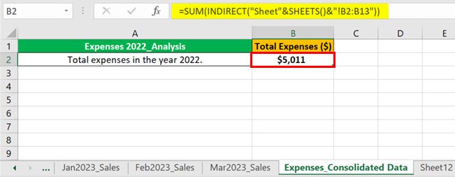 Sheets Function in Excel - Example 3 - Step 1