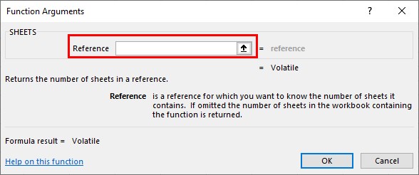 Sheets Function in Excel - Method 1 - Argument