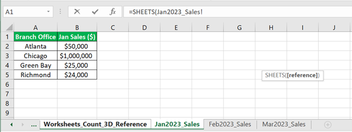 Sheets Function in Excel - Example 2 - Step 2