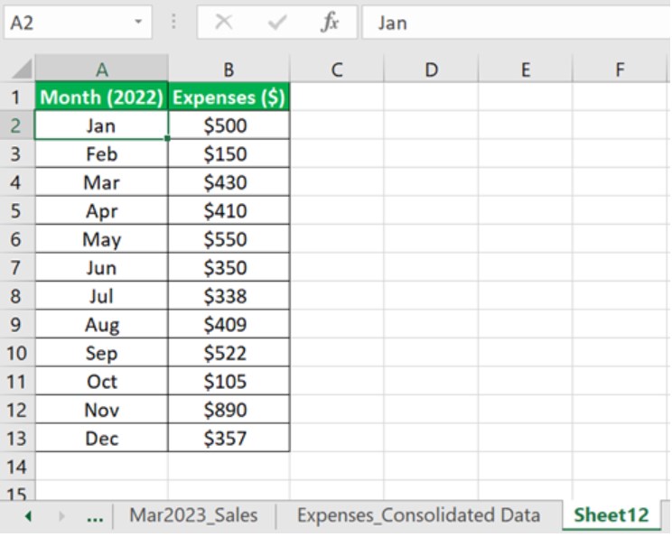 Sheets Function Excel - Example 3 - Sheet12